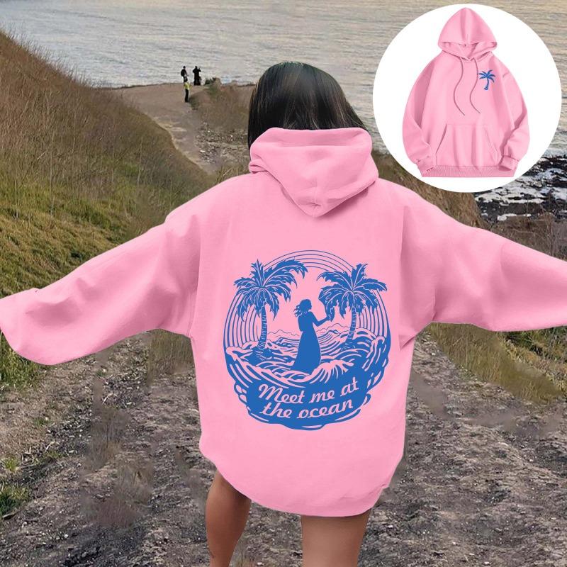 Женские толстовки с изображением пальмы Meet Me At The Ocean с принтом букв Толстовки-пуловеры с длинными рукавами Женская уличная толстовка с капюшоном
