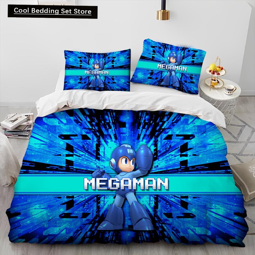 3D Рокмен Мегамен Игра Мультяшный Комплект Постельного Белья Одеяло Пододеяльник Наволочка,Королевский Размер Квинсайз Детский