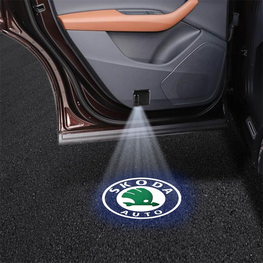 2026 Hot Car Door Emblem Light Welcome Lamp Wireless Laser Projector Auto Decoration For Skoda Fabia Rapid Superb Octavia A5 4 V