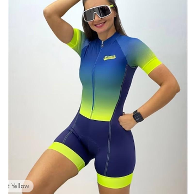 Womens Triathlon One-Piece Short Sleeve Cycling Suit Blue Solid Quick-Dry Performance Sportswear