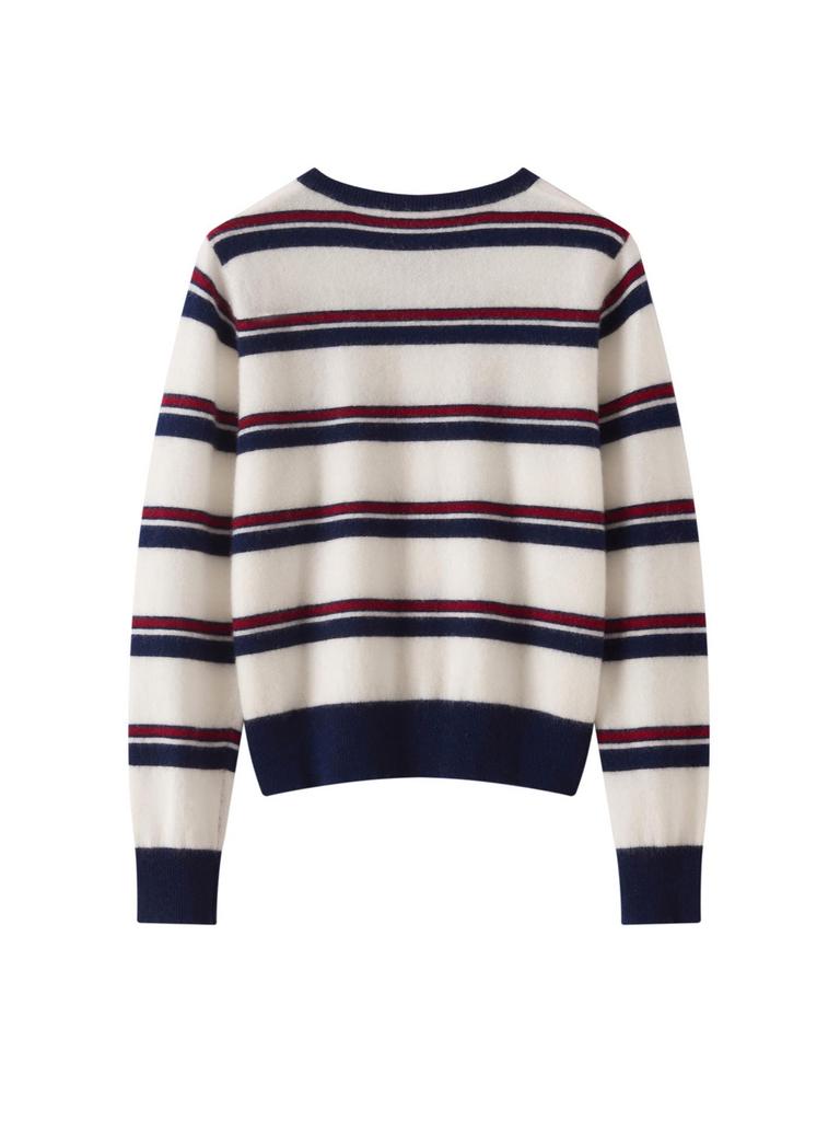Korean Style Cashmere Puppy Embroidery Striped Crew Neck Sweater Coat for Women - Autumn/Winter Loose Knit Cardigan