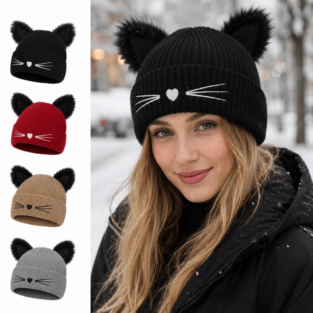 Embroidery Cat Ear Beanie Faux Fur Skull Cap Streetwear Winter Hat Autumn Winter
