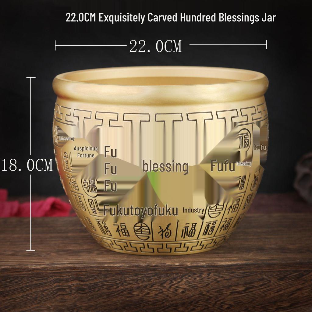 Brass Rice Jar: Home Decoration Treasure Basin with Hundred Blessings Couplet