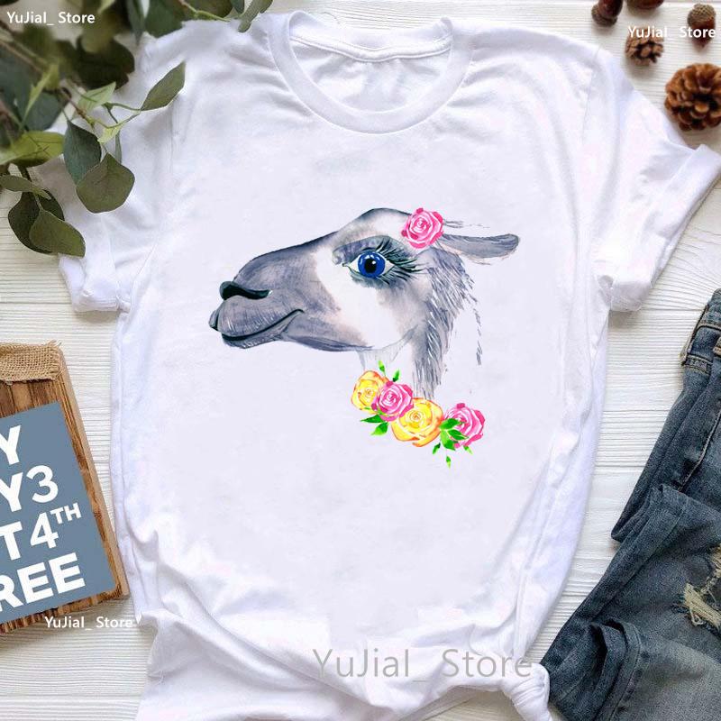 Kawaii Alpaca With Flowers And Coffee Print T Shirt Girls Summer Short Sleeve Tshirt Femme Fashion Tops Tee Shirt Female