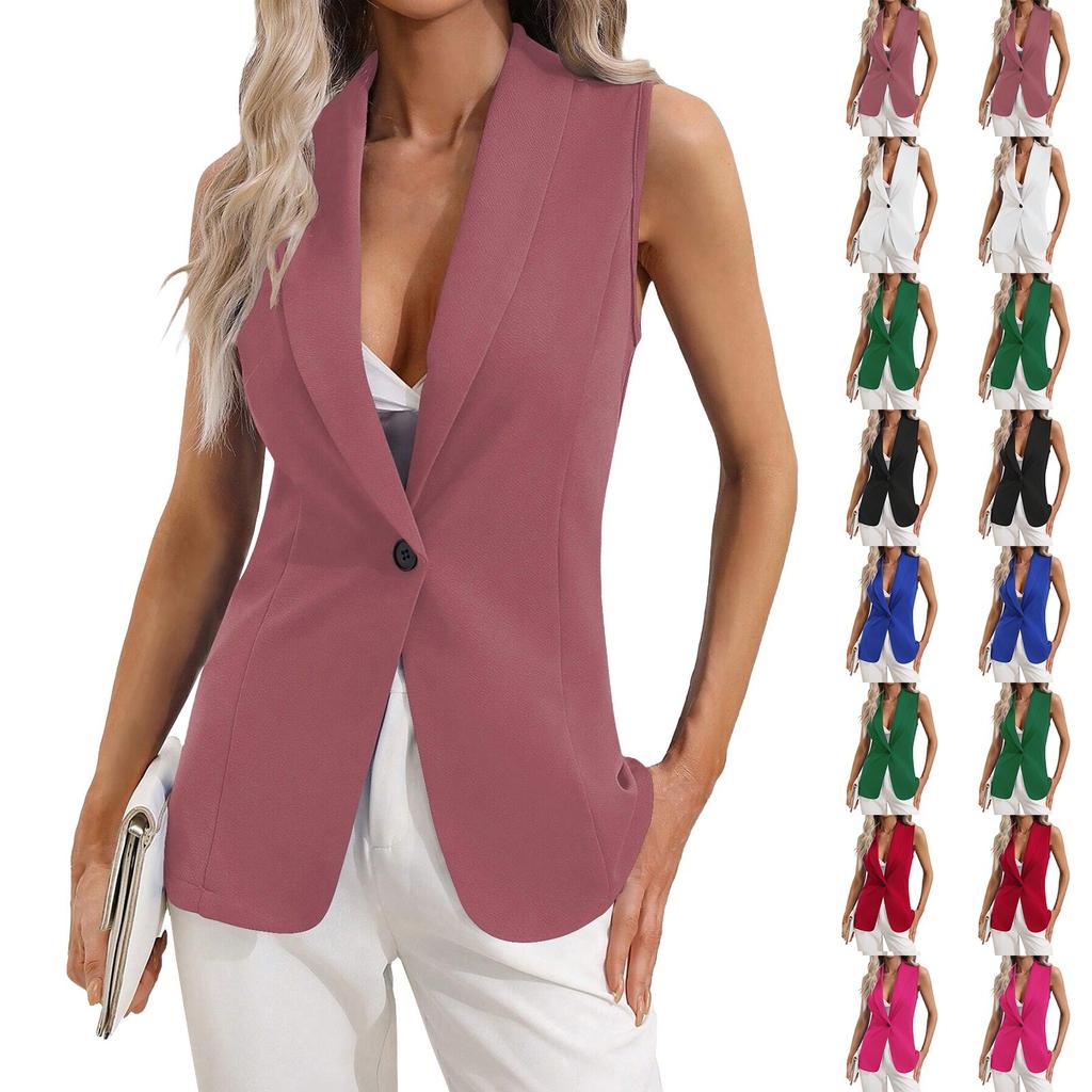 Women's Fashion Solid Color Cardigan Single Button Jacket Sleeveless Round Neck Coat
