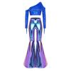 Women Disco Dance Outfit Cold Shoulder Long Sleeve Tassel Sequined Crop Top Metallic Shiny Flared Pants