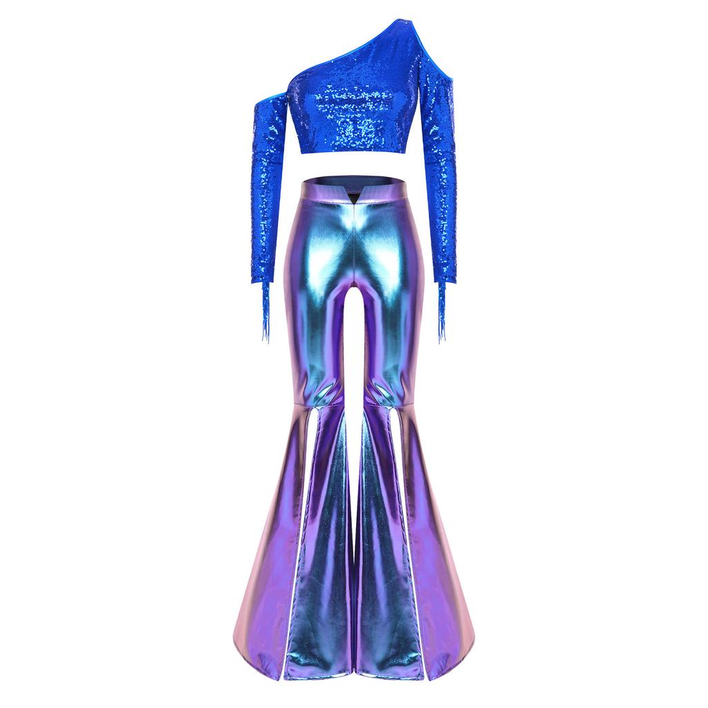 Women Disco Dance Outfit Cold Shoulder Long Sleeve Tassel Sequined Crop Top Metallic Shiny Flared Pants