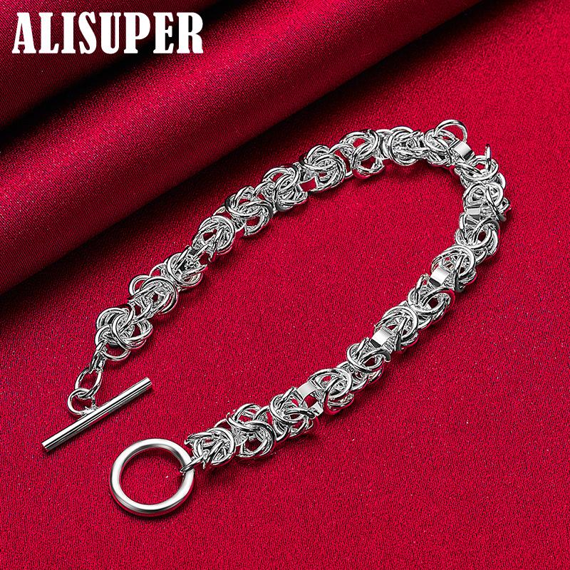 925 Sterling Silver Interlocking Circle Chain OT Buckle Bracelet Jewelry