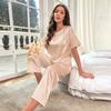 Women's Satin Pajamas Set Autumn Short Sleeve Top Long Pants Sleepwear 2 Piece Set For Women Casual Home Loose Pajamas Set