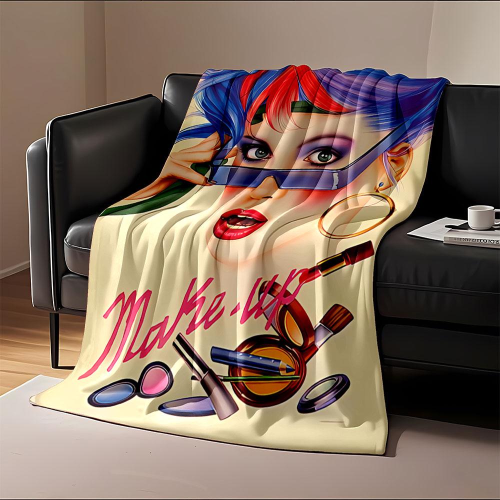 A colorful retro-style portrait featuring makeup and accessories. for all seasons blanket lunch break throw gift