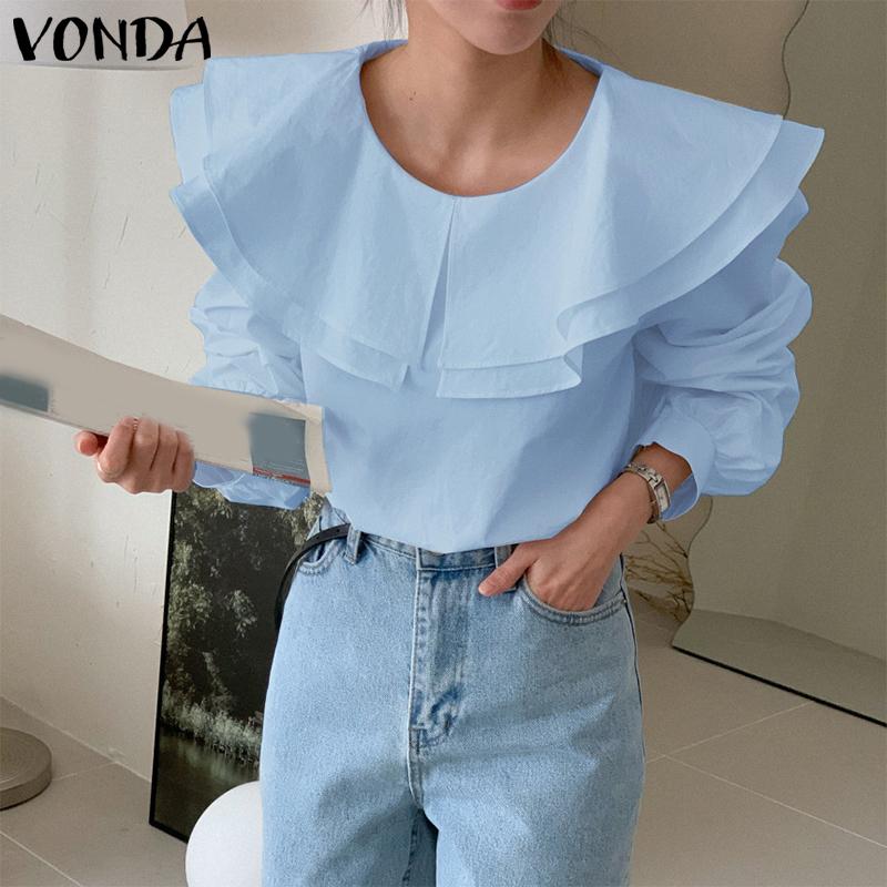 VONDA Женские многослойные однотонные блузки с круглым вырезом и длинным рукавом