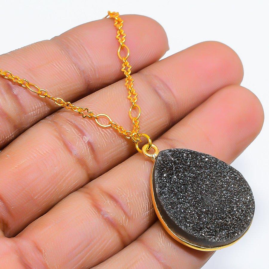 Black Titanium Druzy Gemstone 925 Sterling Silver Jewelry Necklace 20" GK-5001