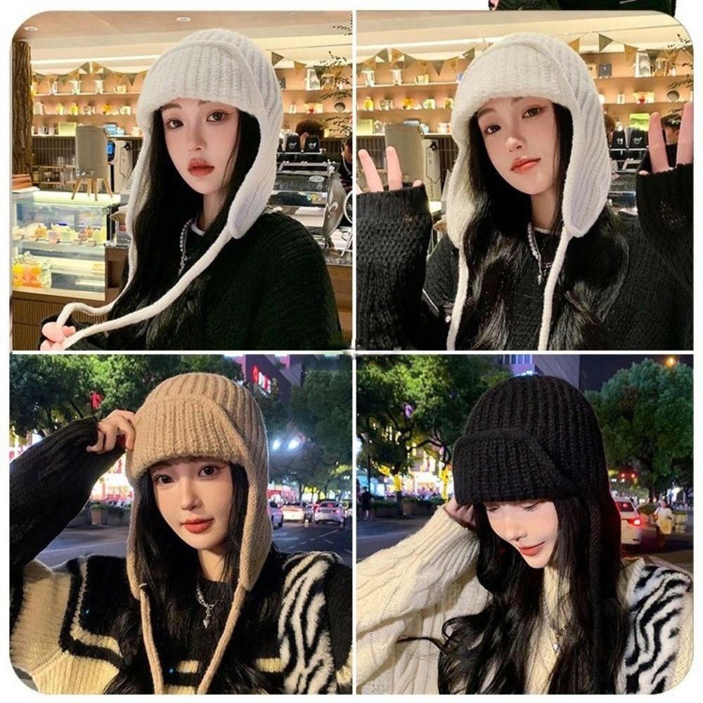 Windproof Women Knitted Hat Solid Color Wool Pullover Hat Sweet Ear Protective Hat Ladies