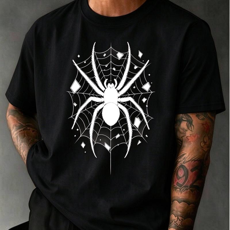 Unisex Gothic Spider Web Graphic T Shirt White Spider With Broken Glass Pattern Short Sleeve Casual Street Tee Cotton Tops