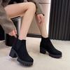 Fashion 2024 New Winter Casual Comfortable Thick Bottom Round Head Black Sexy Elegant British Style Warm Square Heel Short Boots