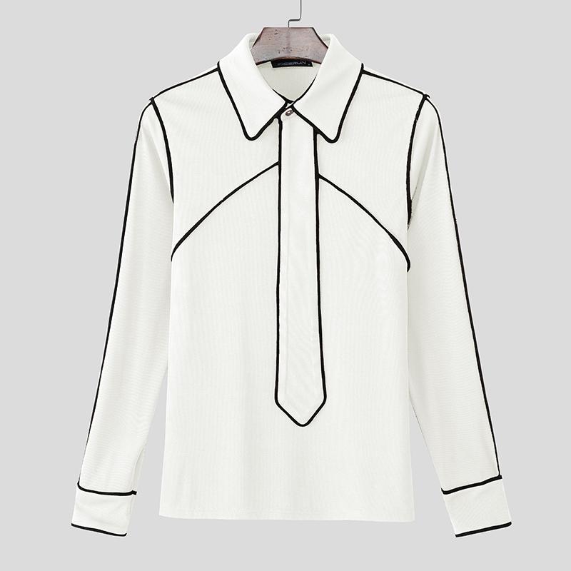 INCERUN Осенние мужские футболки с отложным воротником, длинными рукавами, в рубчик, повседневные