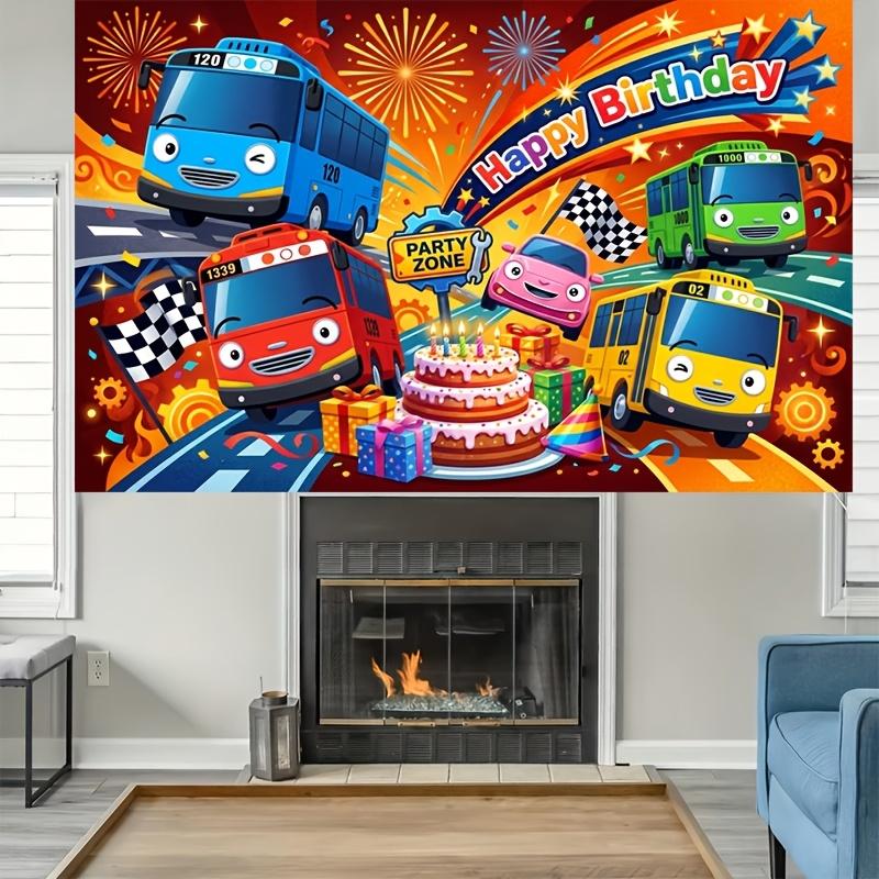 Vibrant Cartoon-Style Racing Bus Fleet with Festive Fireworks, Layered Birthday Cake, Gift Boxes and Happy Birthday Banner, Perfect for