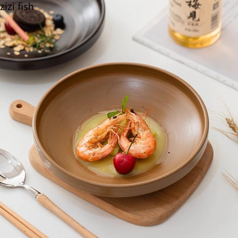 Винтажная грубая керамика глубокая тарелка креативная салатная тарелка на высокой ножке толстая суповая тарелка десертные тарелки фирменная посуда для отеля