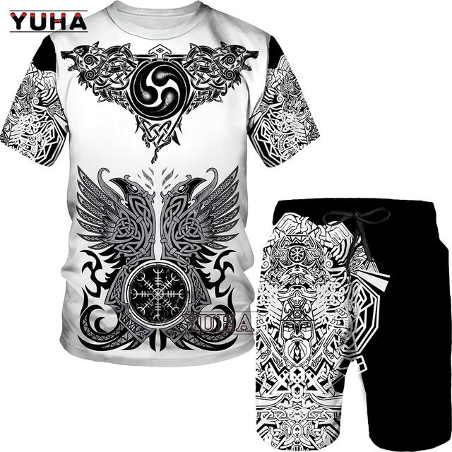 Летний мужской костюм большого размера, мужская футболка с 3D принтом викингов и мужской спортивный костюм, футболка, шорты, повседневная спортивная одежда, весна
