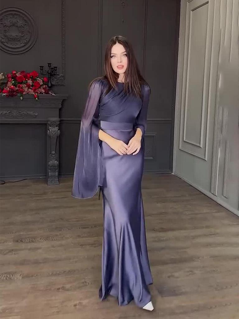 European & American 2024 Autumn Organza Satin Slim Dress with Large Swing Sleeves