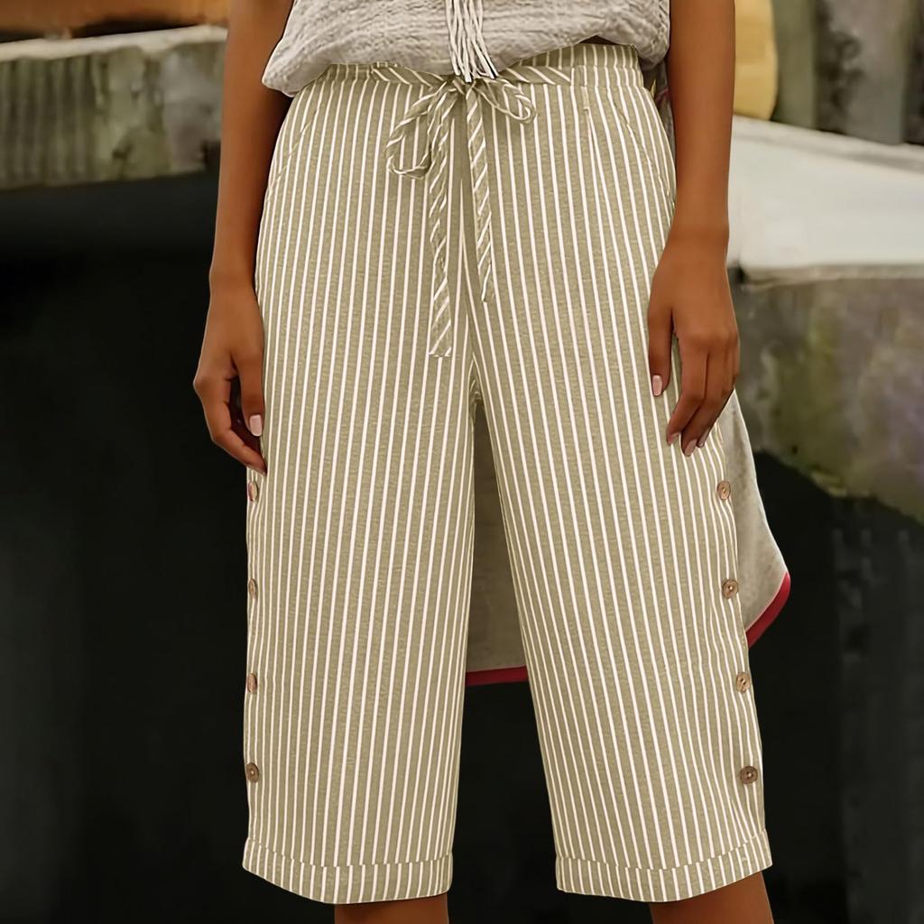 Women's Summer Fashion Striped Elastic Waist Five Quarter Pants Casual Loose Pocket Shorts