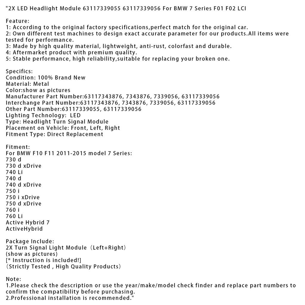 2X LED Headlight Module 63117339055 56 For BMW 7 Series F01 F02 LCI