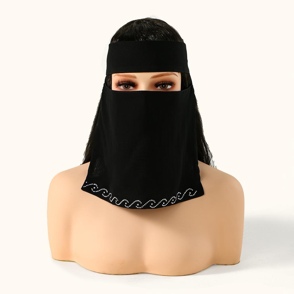 Стразы Черный Шифон Никаб Мусульманская Маска для Лица Хиджаб Исламский Шарф Женский Молитвенный Однослойный Дышащий Головной Убор Головная Повязка