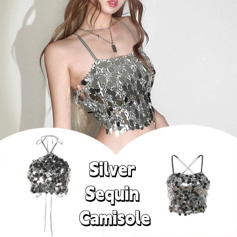 Beachwear Silver Sequin Camisole Short Women's Lace-Up Vest Design Glitter Tank Top  Vacation