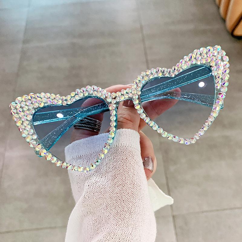 Retro Large Frame Diamond Set Sunglasses Peach Heart Love Sunglasses Women's Metal Hinge Personality Glasses