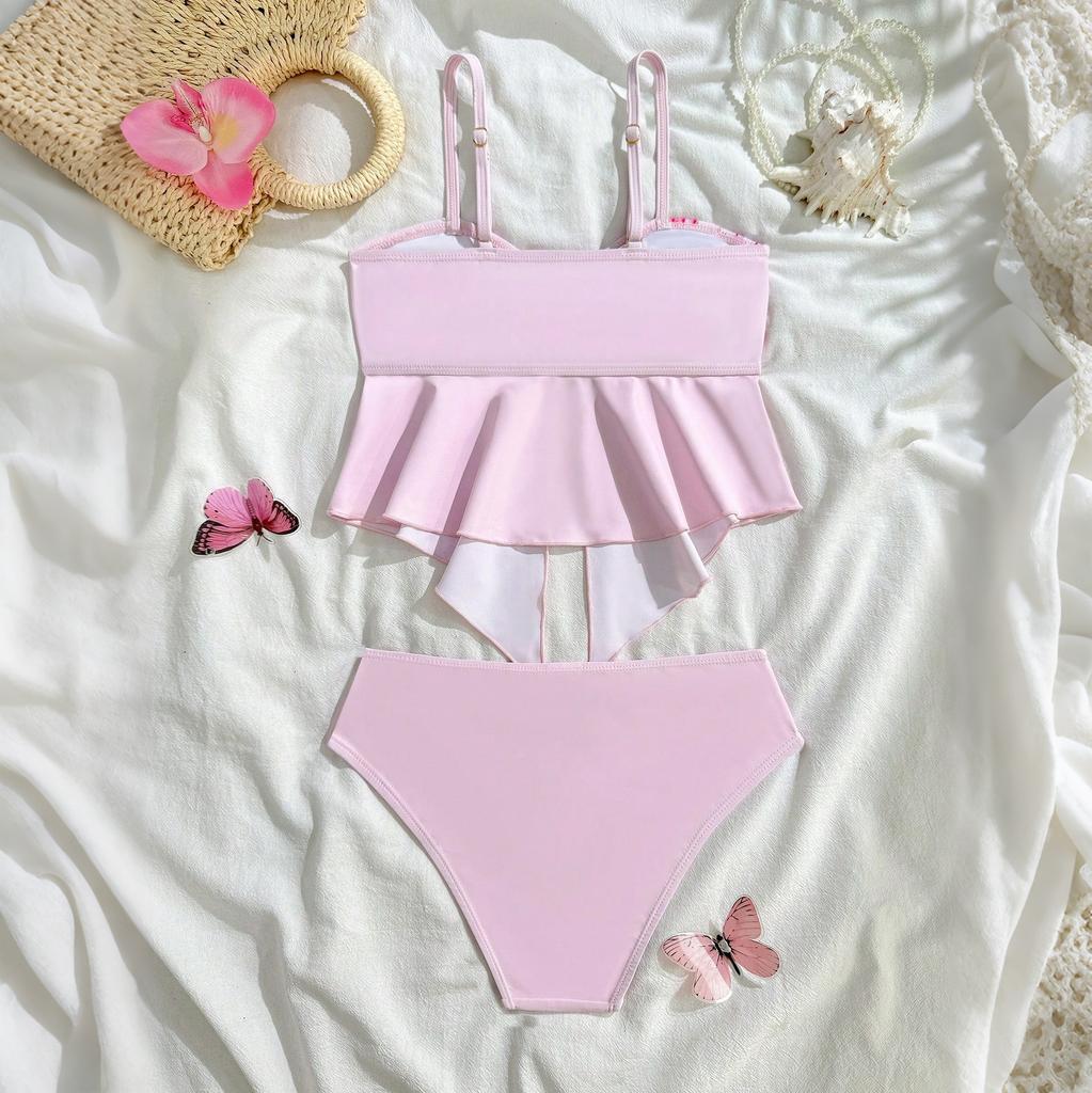 Girls Floral Print Two Piece Swimsuit Adjustable Straps Tankini Top with Decorative Front Detail and Matching Bottoms Lightweight Fabric