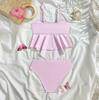 Girls Floral Print Two Piece Swimsuit Adjustable Straps Tankini Top with Decorative Front Detail and Matching Bottoms Lightweight Fabric