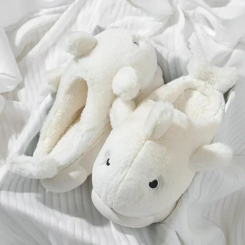 Мультяшные животные Кит хлопковые тапочки женские мягкие домашние тапочки зимние теплые нескользящие удобные милые плюшевые парные тапочки