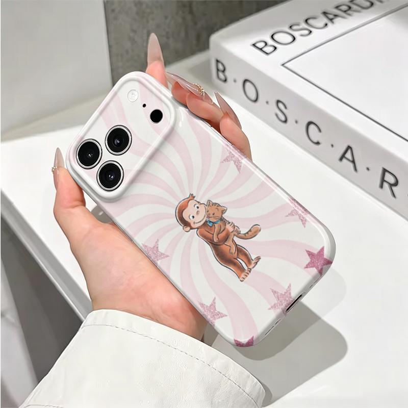 Adorable Cartoon Monkey Hugging Cat Swirl Art Film Aesthetic Protective Shockproof Bumper Case Cover For iPhone 14 15 16 Pro Max Plus