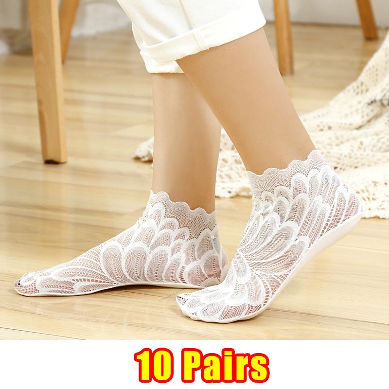 5/10 пар женских кружевных сетчатых носков с цветочным принтом, Нескользящие невидимые носки с подкладкой, женские эластичные удобные тонкие прозрачные дышащие носки до щиколотки