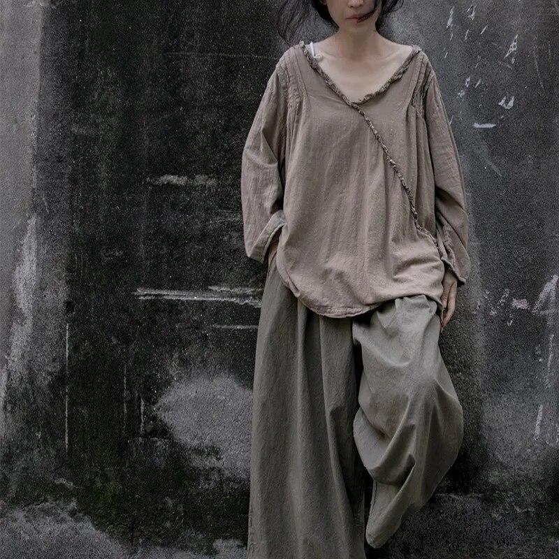 Johnature Women Vintage Patchwork V-Neck T-Shirts Long Sleeve Solid Color Autumn Tees Loose Cotton Linen Women T-Shirts