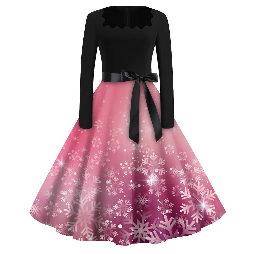 Women's Fashion Square Neck Casual Slim Christmas Printed Long Sleeve Dresses