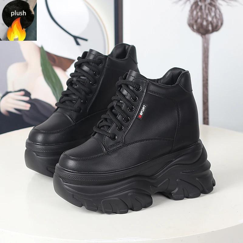 Модная осенне-зимняя женская обувь из кожи с высоким верхом, кроссовки на платформе и танкетке, массивная обувь, скрытый каблук 12 см, белая, черная, женская повседневная обувь