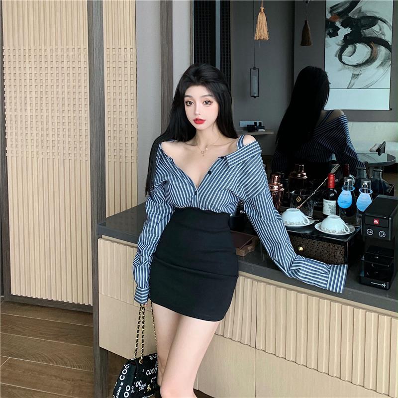 Spring Women's Off Shoulder Striped Shirt Dress White Patchwork All-match Female Streetwear Y2k Vintage Dresses