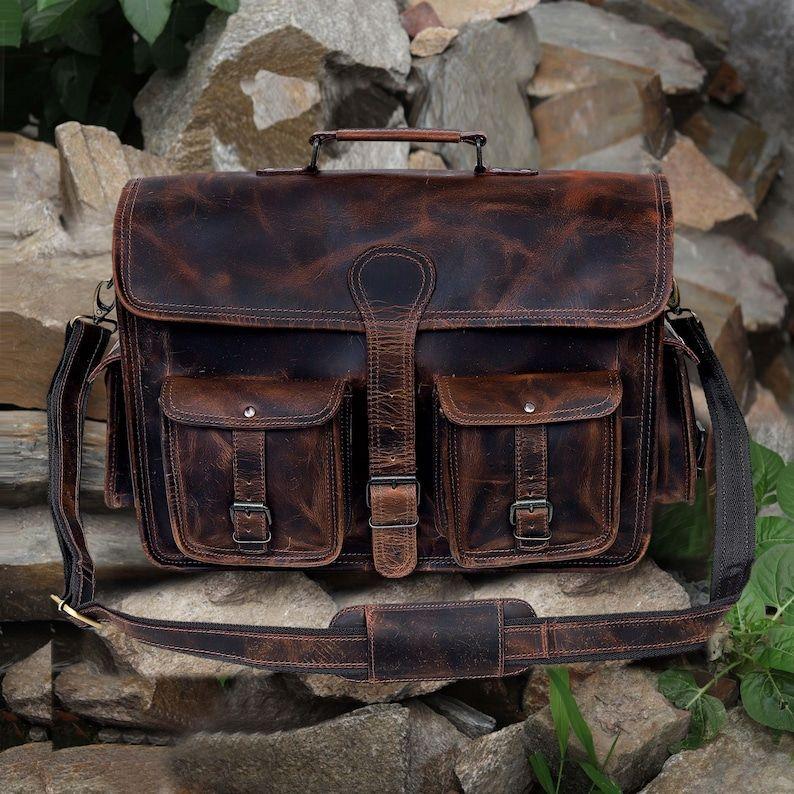 Handmade Leather Messenger Bag Full Grain Buffalo Leather Office Briefcase Bag for Men and Women Leather Laptop Bag Satchel Shoulder Bag