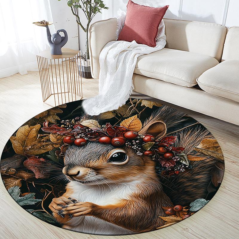 Autumn Squirrel Round Area Rug,Carpet Rug for Living Room Bedroom Sofa Playroom Decor,Non-slip Floor Mat