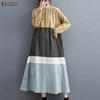 Women Round Neck Long Sleeve Loose Casual Patchwork Long Dress