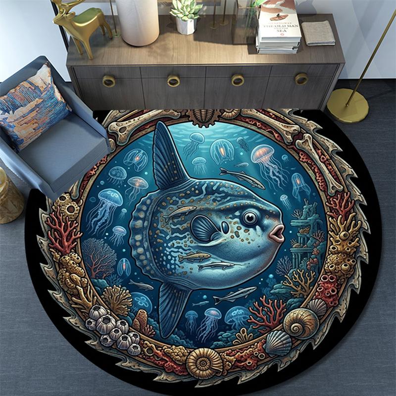 Oceanic Marine Life Emblem Round Area Rug Under Office Chairs Bedroom Living Room Home Decor
