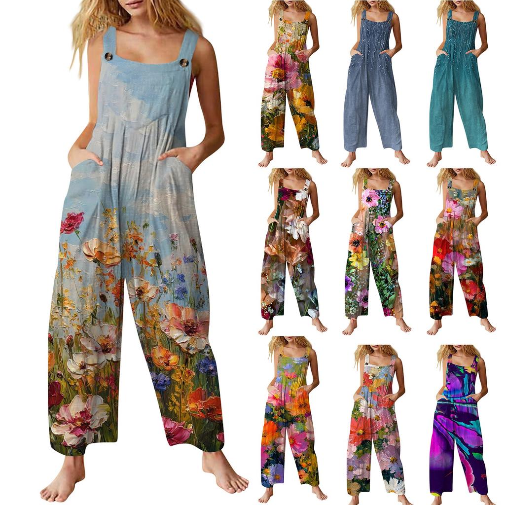 Women's Casual Jumpsuit, Sleeveless Printed Cotton Jumpsuit