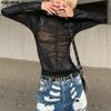Men Long Sleeve PU Leather Patchwork See Through Tops Mesh Sheer T-shirts