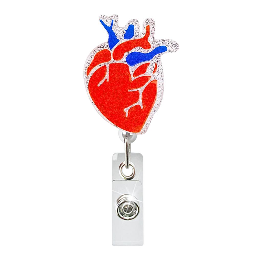 Medical Heart Lung Brain Acrylic Glitter Retractable Badge Reel Rotating Crocodile Clip ID Badge Holder for Doctor Nurse