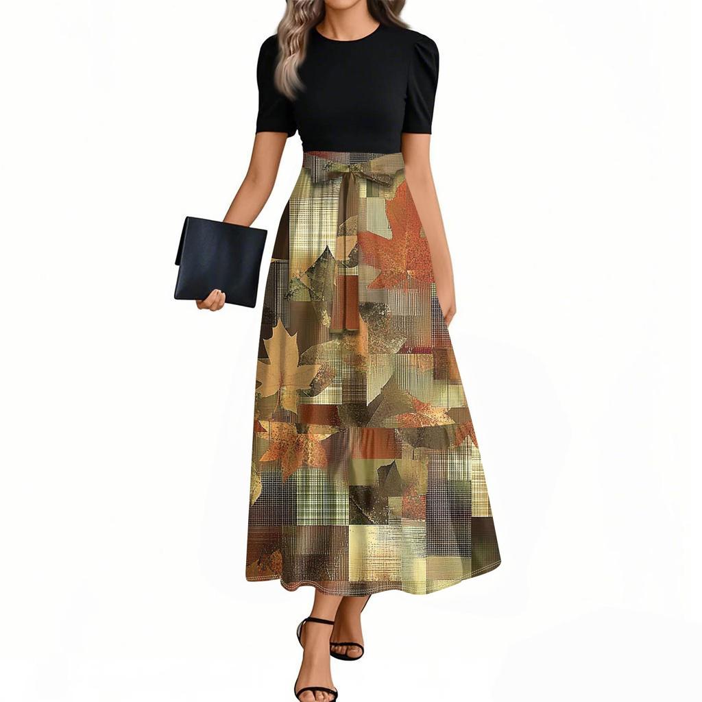 Женское элегантное модное повседневное платье с цветочным принтом и поясом, короткими рукавами и круглым вырезом