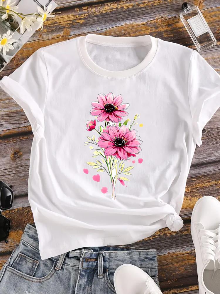 (Asian Size) Lovely Flower Trend Cute Short Sleeve T Shirt Casual Tee Top Fashion Women Clothing Printed O-neck Ladies Female Graphic T-shirts