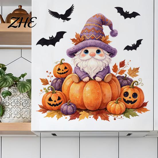 Seasonal Home Wall Ornaments Halloween Dwarf Pumpkin Stickers, Self Adhesive Removable PVC Decals, Autumn Leaves Decorative Stickers for Holidays And