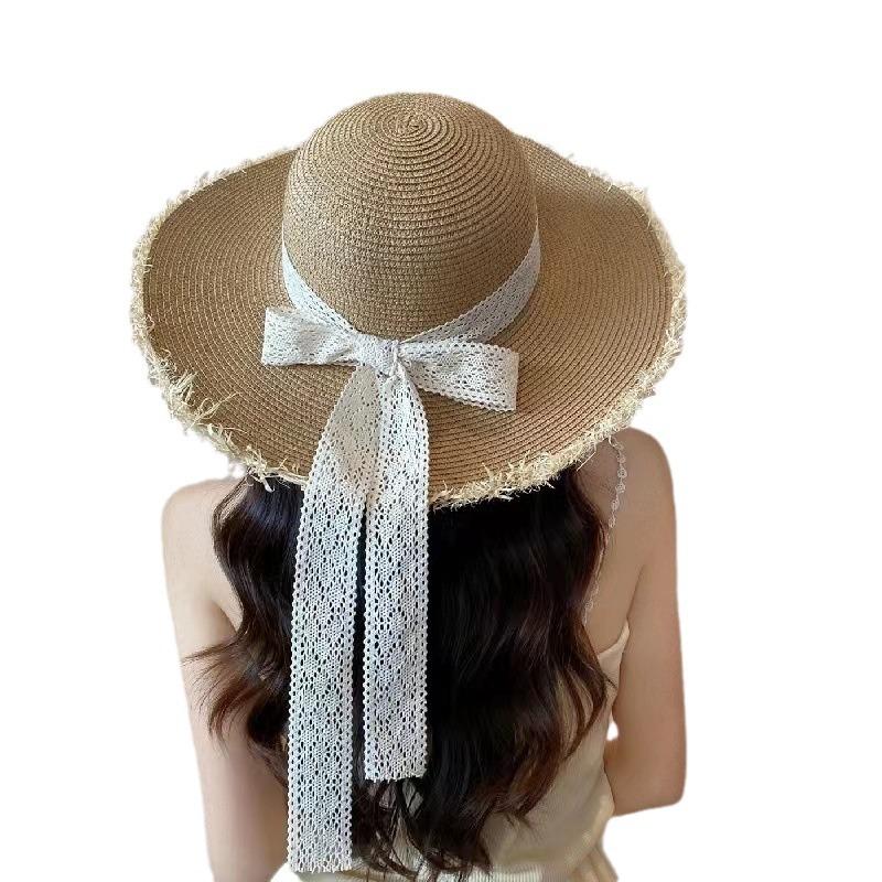 Women's Spring and Summer Korean Style Versatile Lace Straw Hat Beach Vacation Outing Fresh Sun Protection Sunshade Foldable Wide Brim Hat