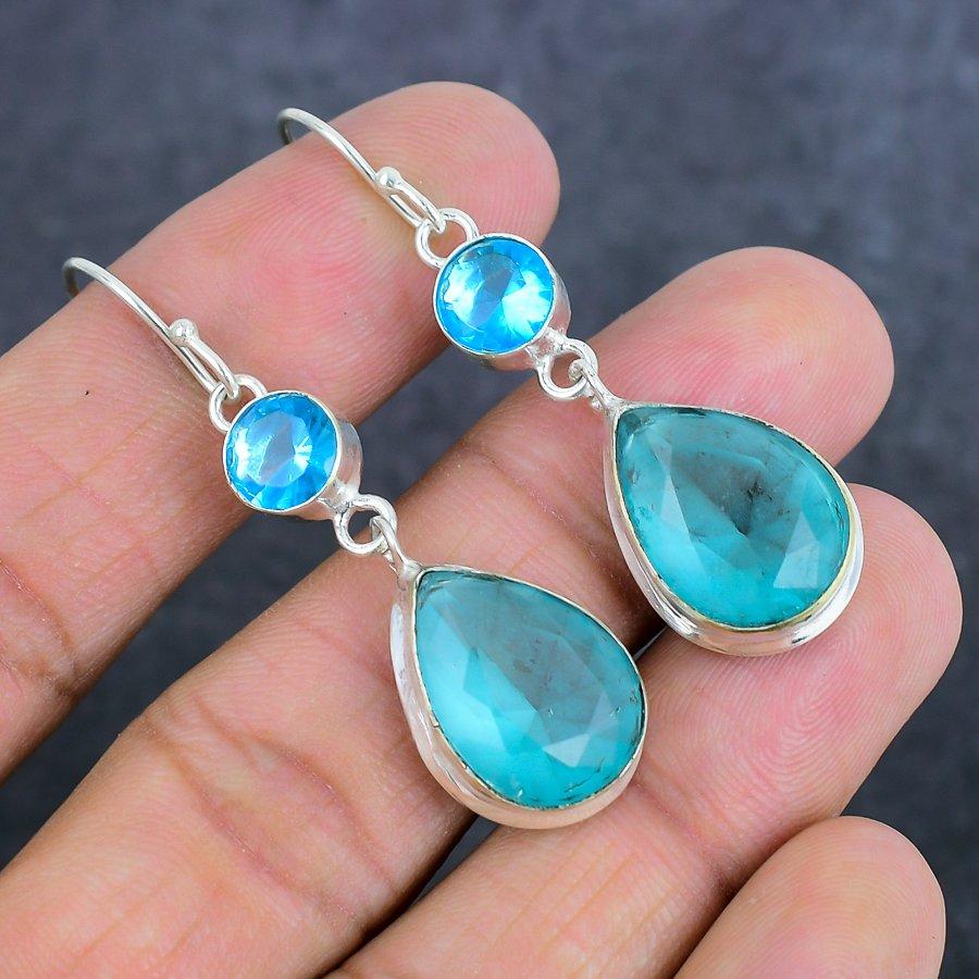 Swiss Blue Topaz Gemstone Handmade 925 Sterling Silver Earring 2.21" J3B87